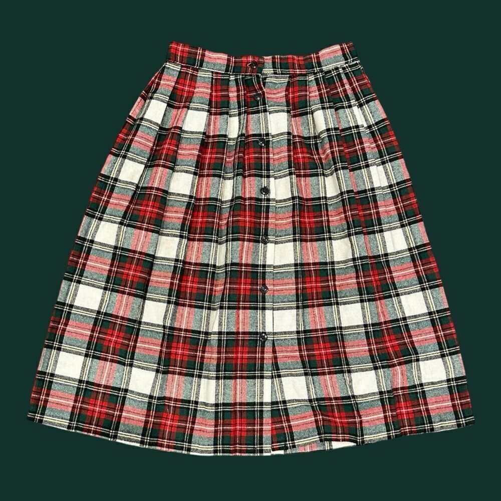 Vintage Sag Harbor Wool Blend Tartan Pleated Button Midi Skirt 28” Waist 13/14‎